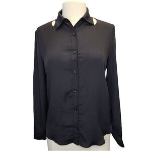Forever 21 Black Long Sleeve Eyelet Button Down Blouse M
